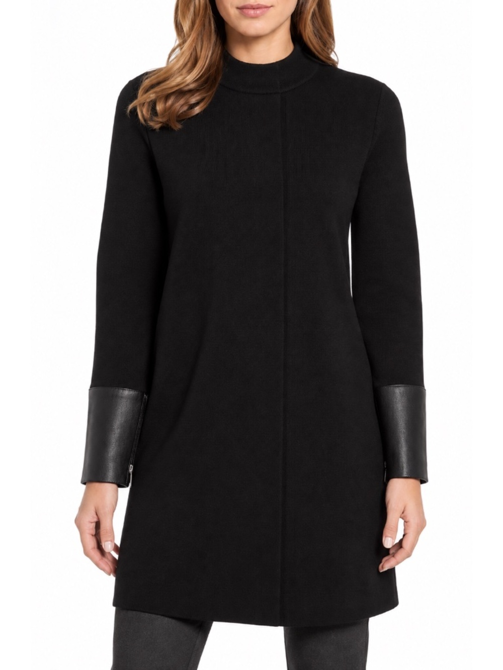 Eileen Fisher Black 100% Wool Long Cardigan Jacket Leather Cuffs Sz PM